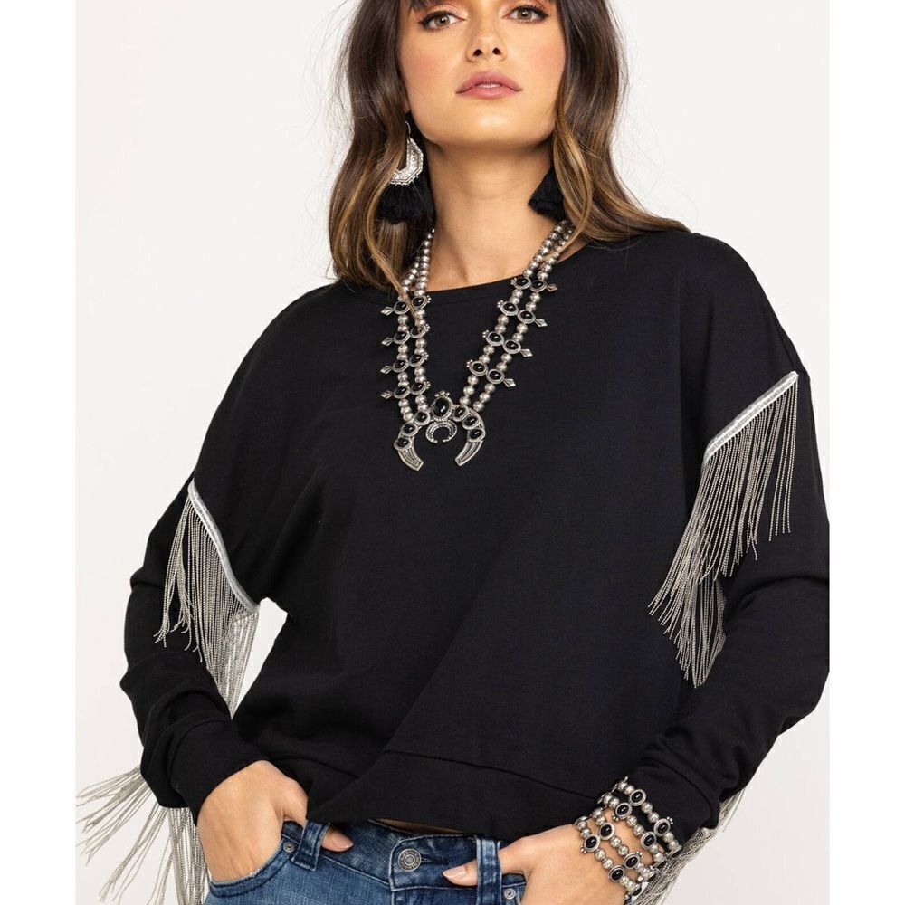 H & M black silver fringe cropped sweatshirt Size M D40